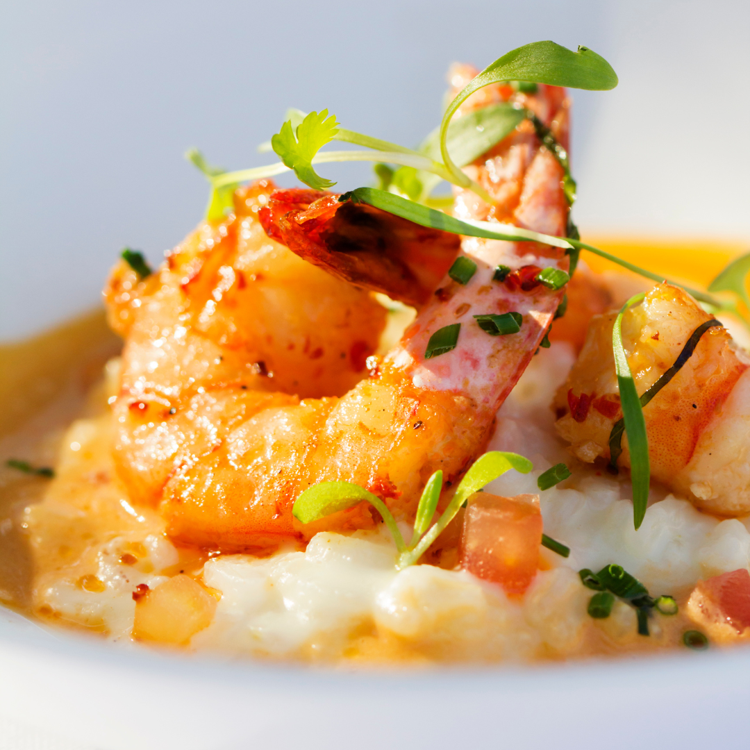 Risotto crémeux à l’Antésite Orange, gambas rôties et chips de parmesan